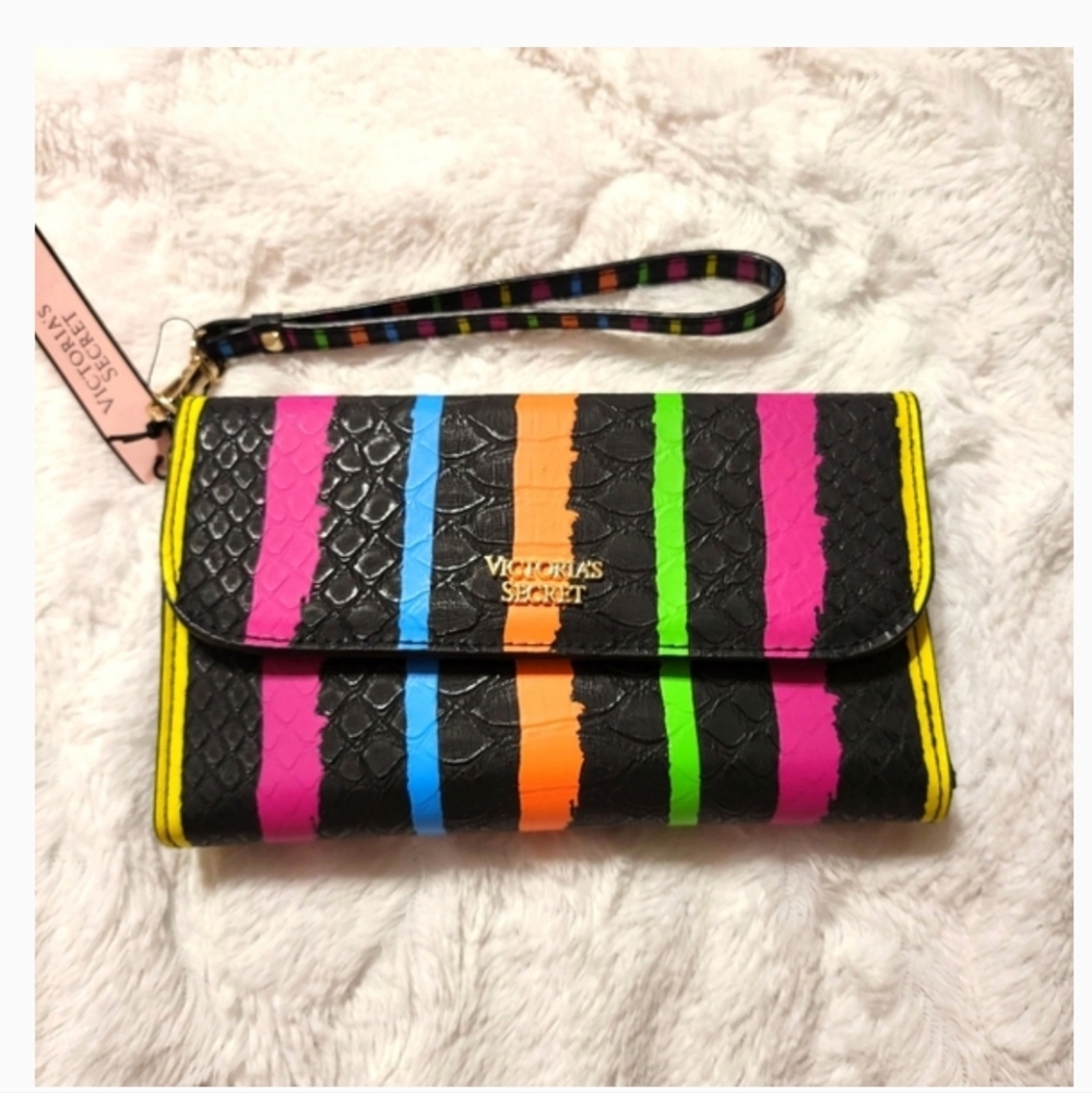 Victoria's Secret Phone Case Colorful Stripe Wristlet Multicolored Mirror NWT